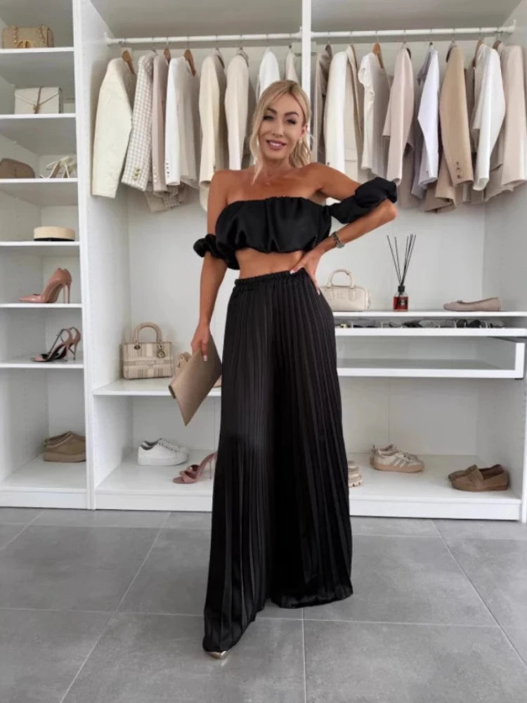 Ensemble haut sans bretelles et pantalon élastique pour femmes