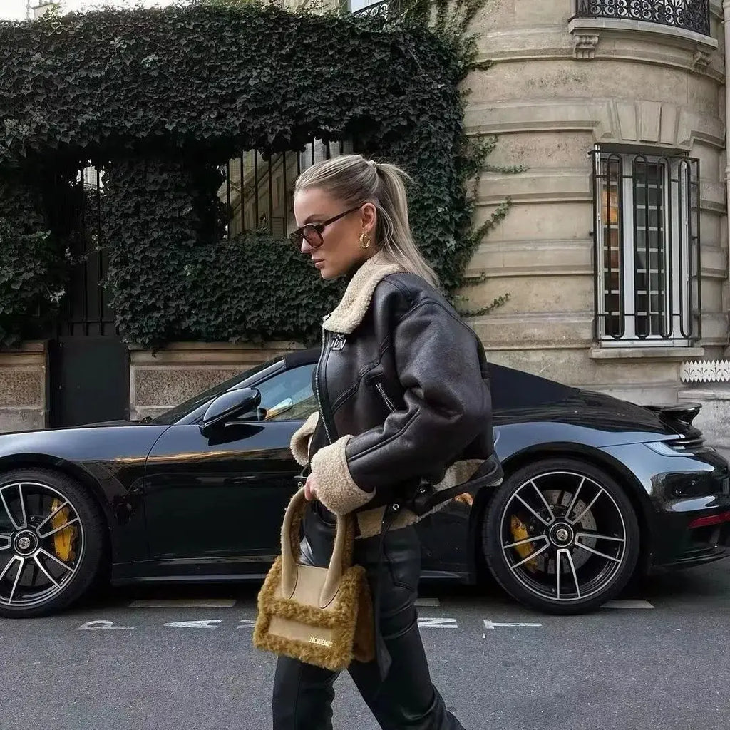 Veste courte en faux cuir d'agneau pour femmes