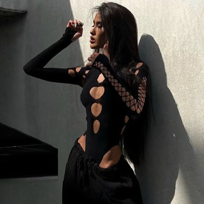 Body femme uni ajouré à taille haute
