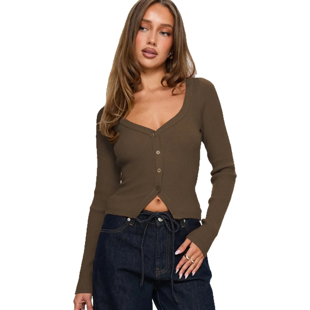 Cardigan à manches longues et col en v pour femmes