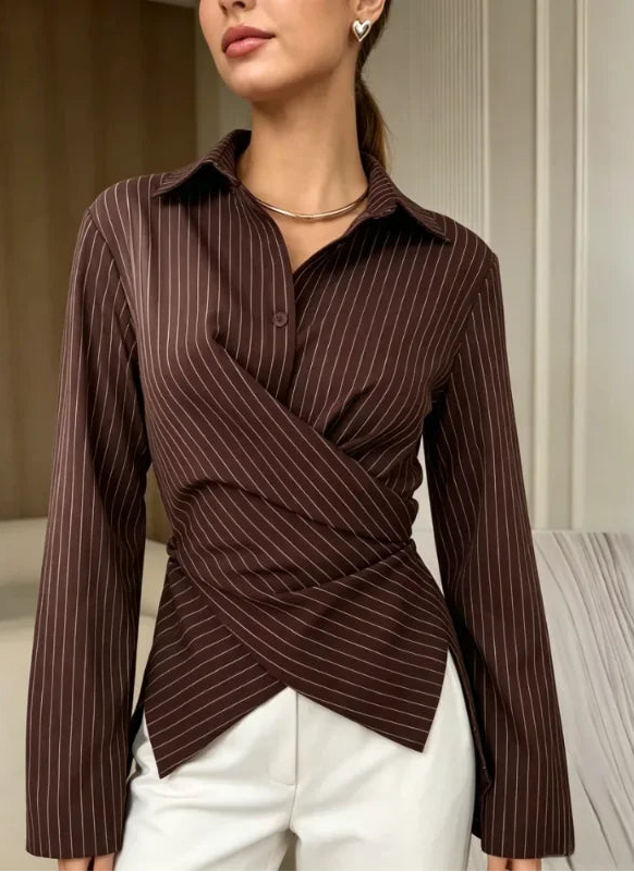 Chemise Rayée Femme – Col à Revers et Blocs de Couleurs