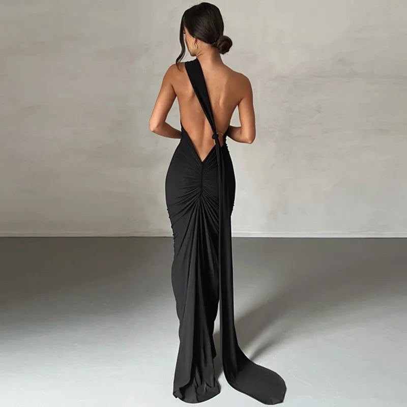 Robe longue sexy asymétrique à épaule unique pour femmes