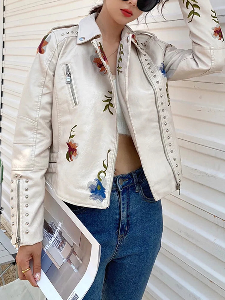 Veste en similicuir vintage imprimé floral pour femmes