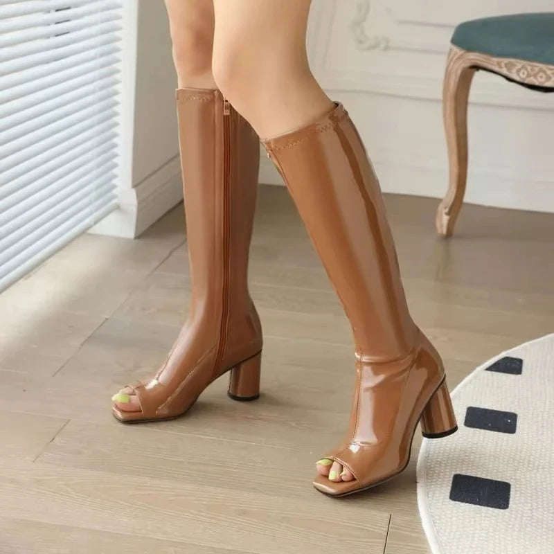 Bottes hautes en cuir verni à bout ouvert pour femmes