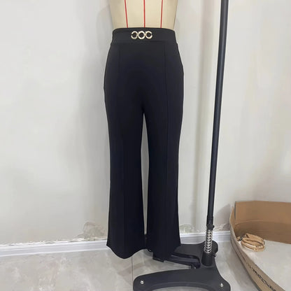 Pantalon Droit Noir Femme – Taille Haute et Détail Métallique