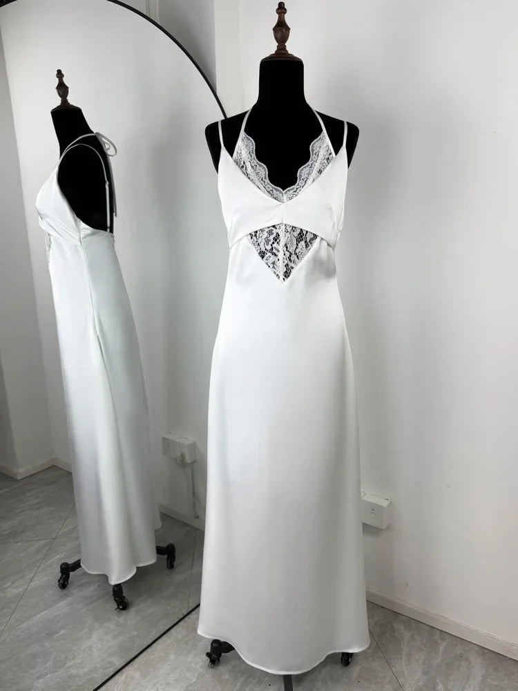 Robe longue à bretelles fines en dentelle ajourée pour femmes
