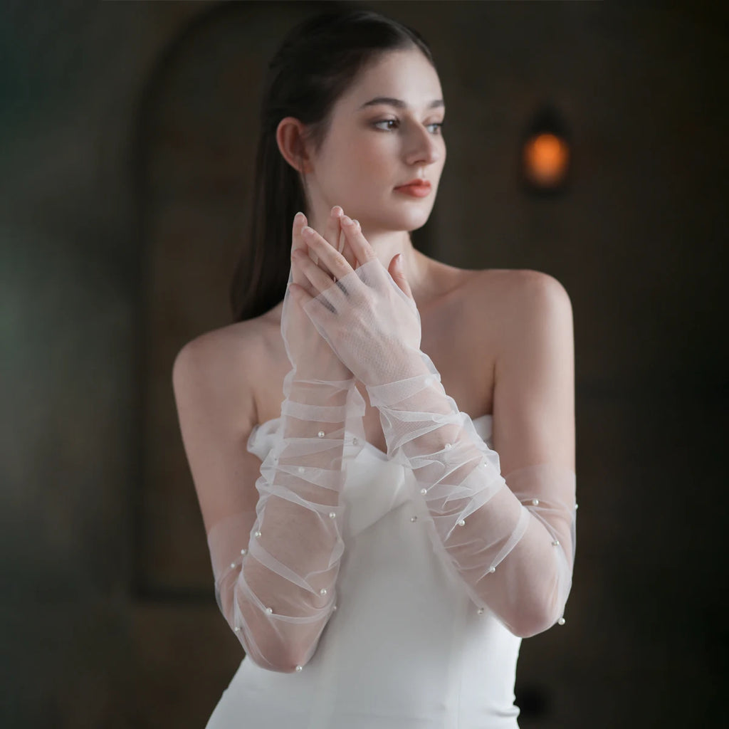 Gants longs tulle avec perles pour femmes