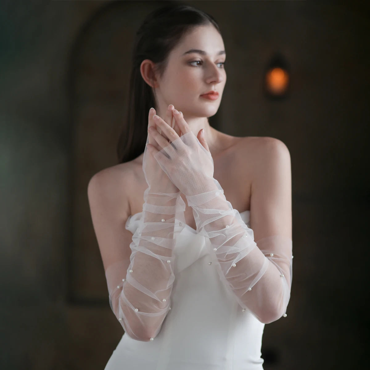 Gants longs tulle avec perles pour femmes