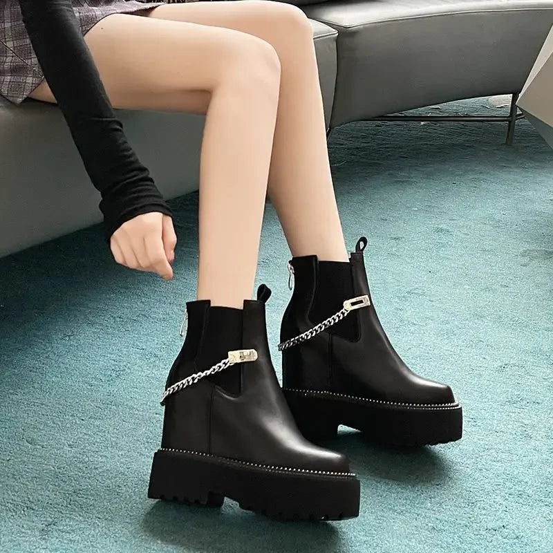 Bottine compensées en cuir véritable pour femmes