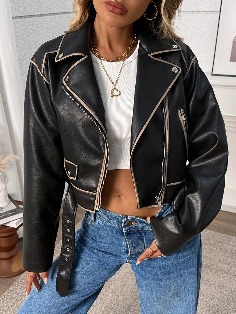 Veste ample rétro en similicuir à fermeture éclair et ceinture extérieure pour femmes