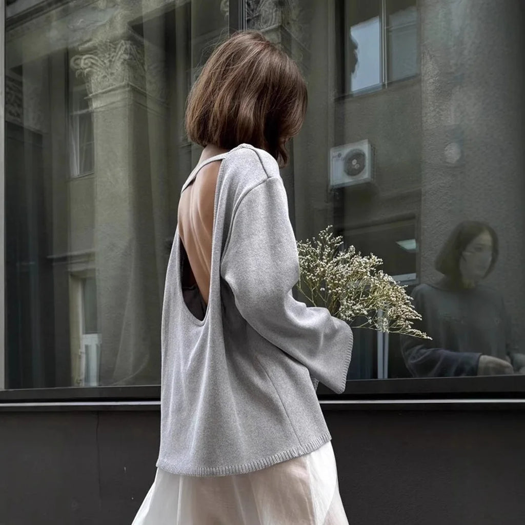 Pull original dos nu à col rond en maille de coton pour femmes