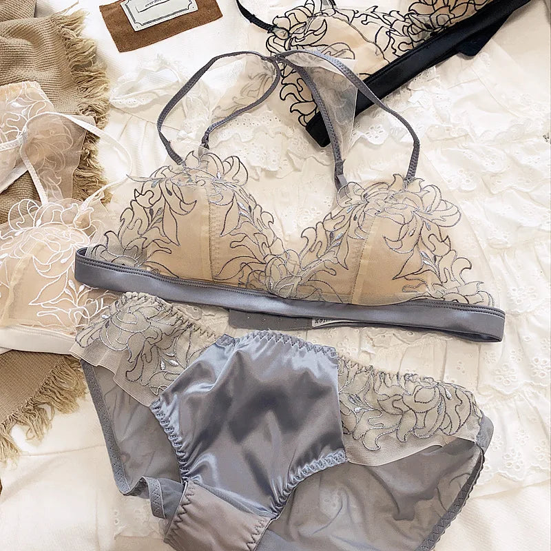 Ensemble soutien-gorge brodé en dentelle français et culotte pour femmes