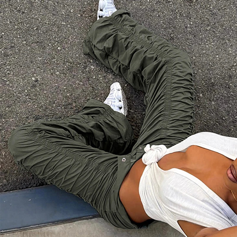 Pantalon cargo plissé taille basse à boucle pour femme