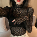Top sexy transparent à manches longues en dentelle pour femmes