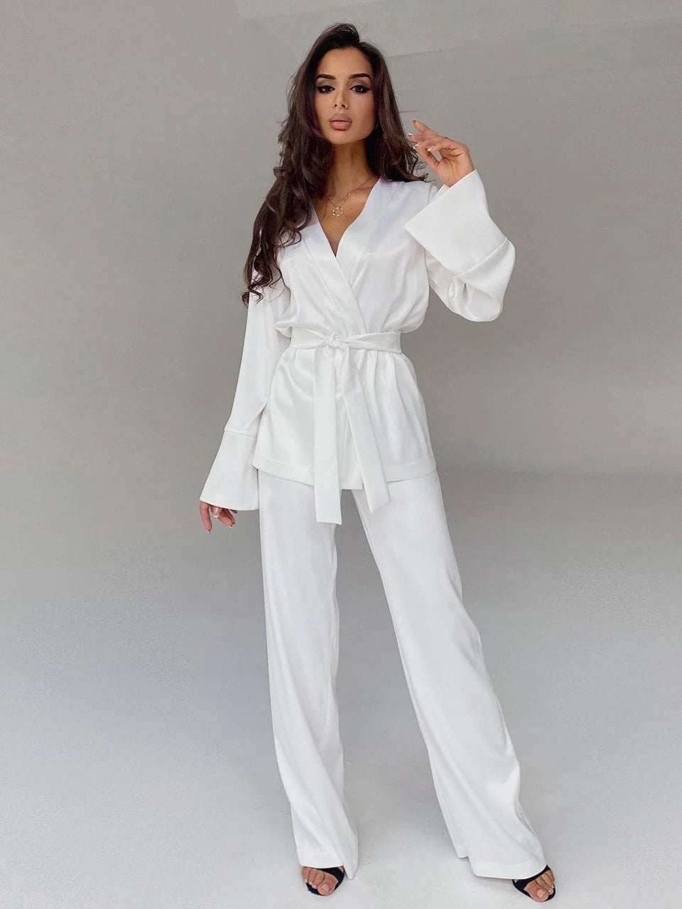 Pyjama en Satin, de couleur unie pour femmes