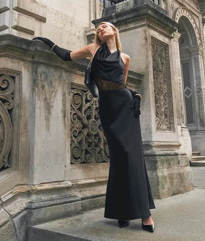 Robe Longue Noire Femme – Col Bénitier, Dos Nu et Dentelle