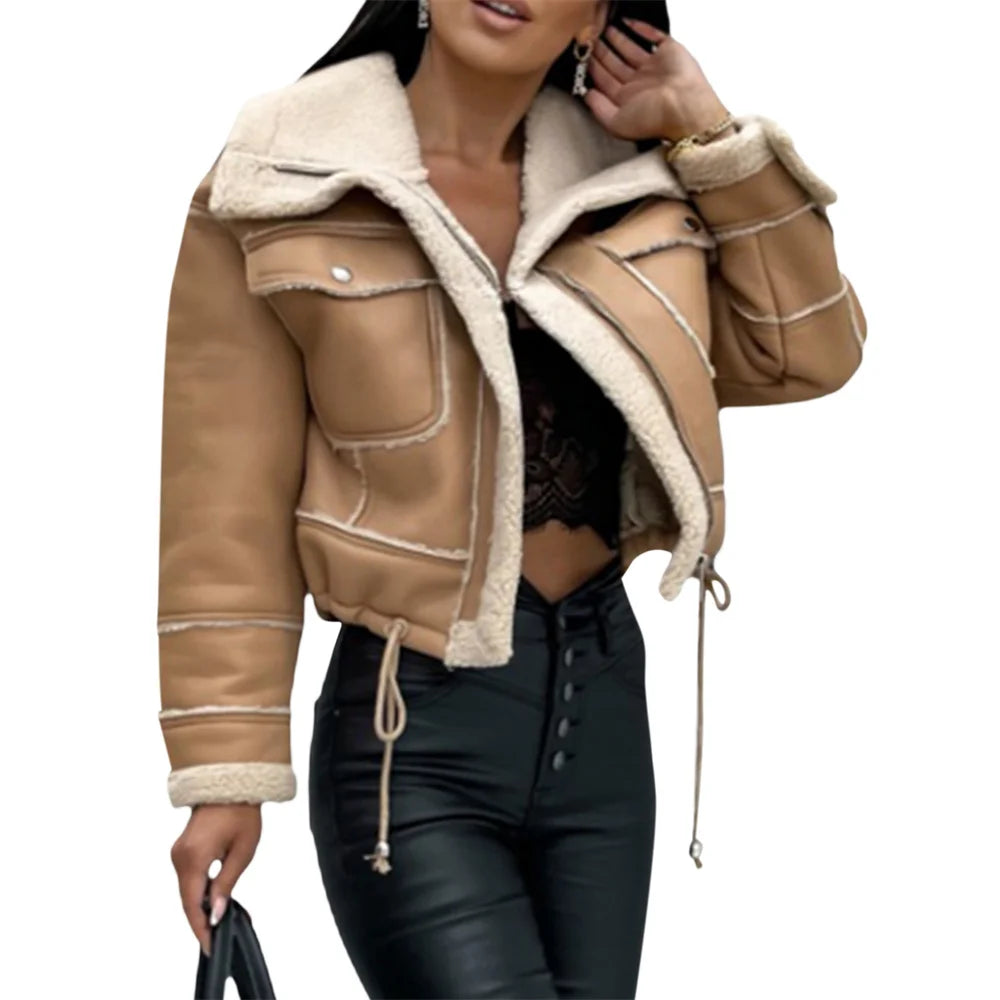 Veste en peluche patchwork PU pour femmes