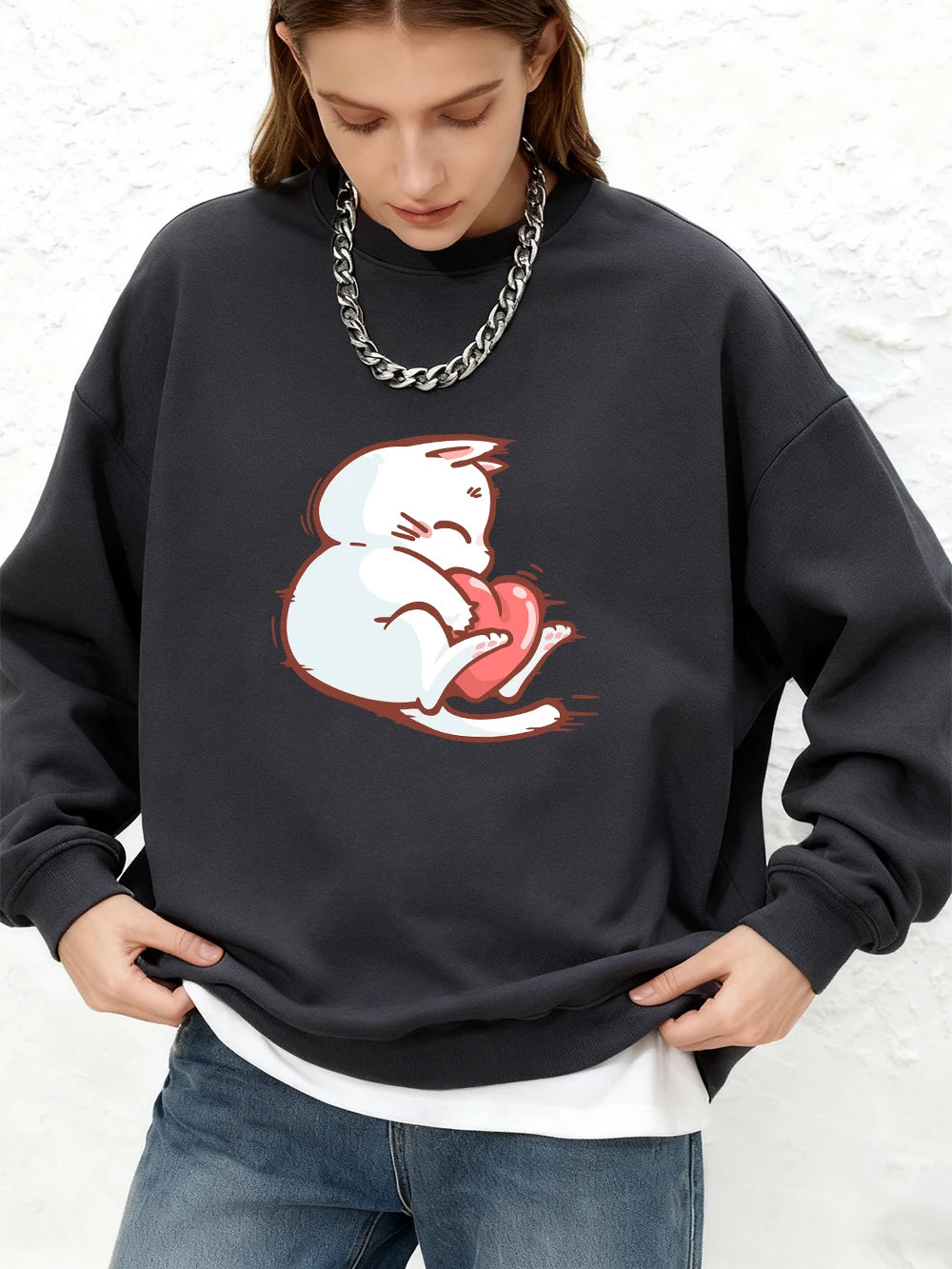 Sweat-shirt à imprimé chat et cœur rouge pour femmes