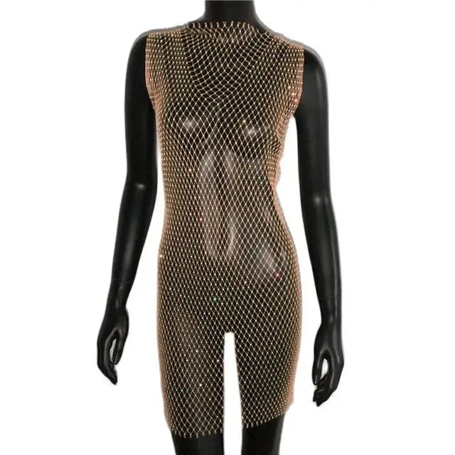 Robe de soirée en résille scintillante, strass, paillettes pour femmes