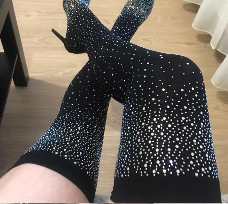 Botte à talons hauts en tissu extensible pour femmes