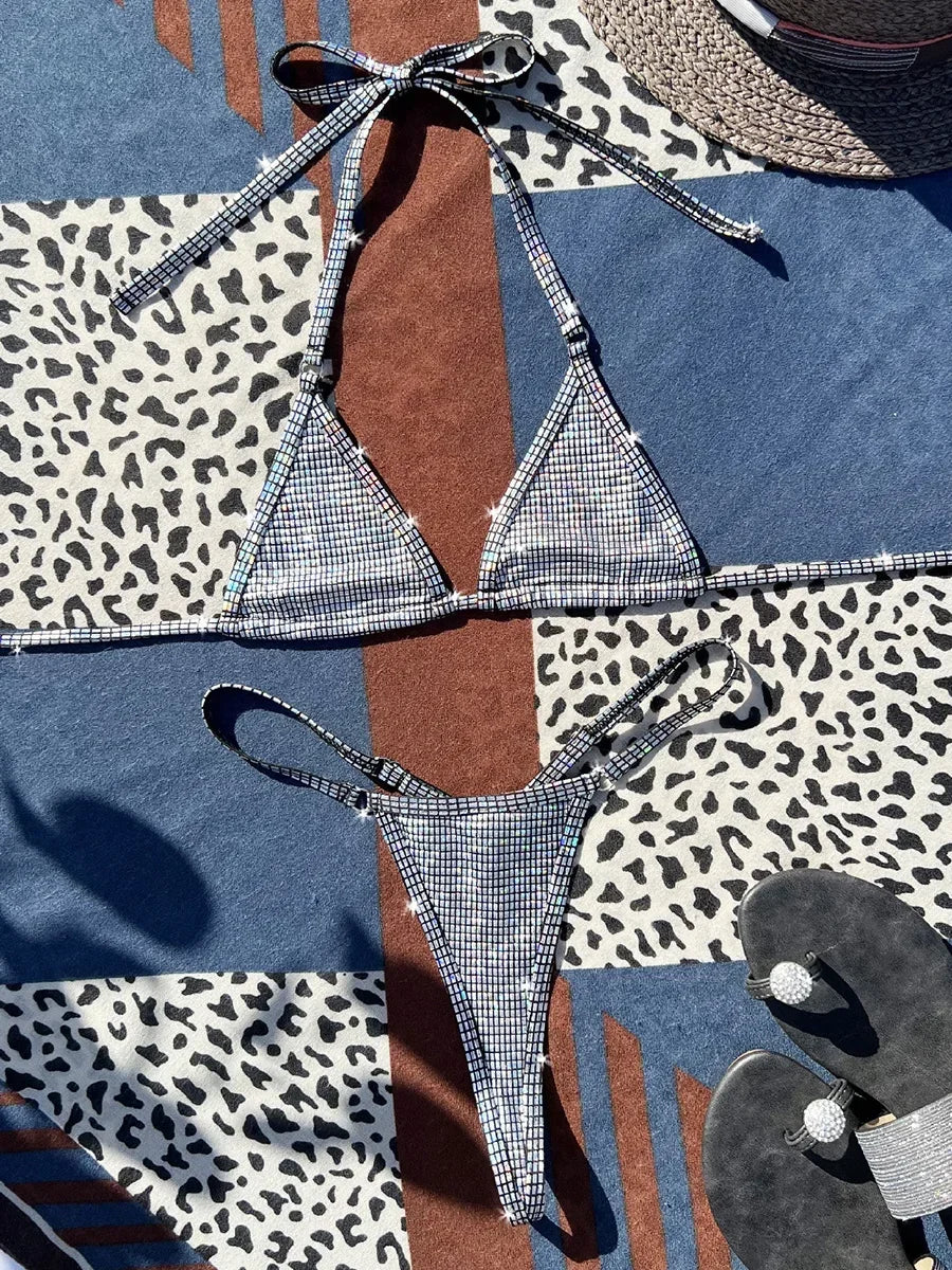 Maillot de bain deux pièces en cuir PU brillant pour femmes