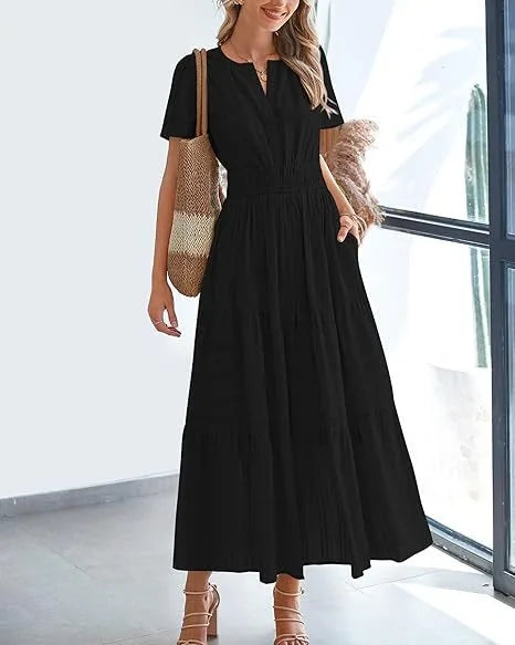 Robe longue plissée élégante style français à col en V pour femmes