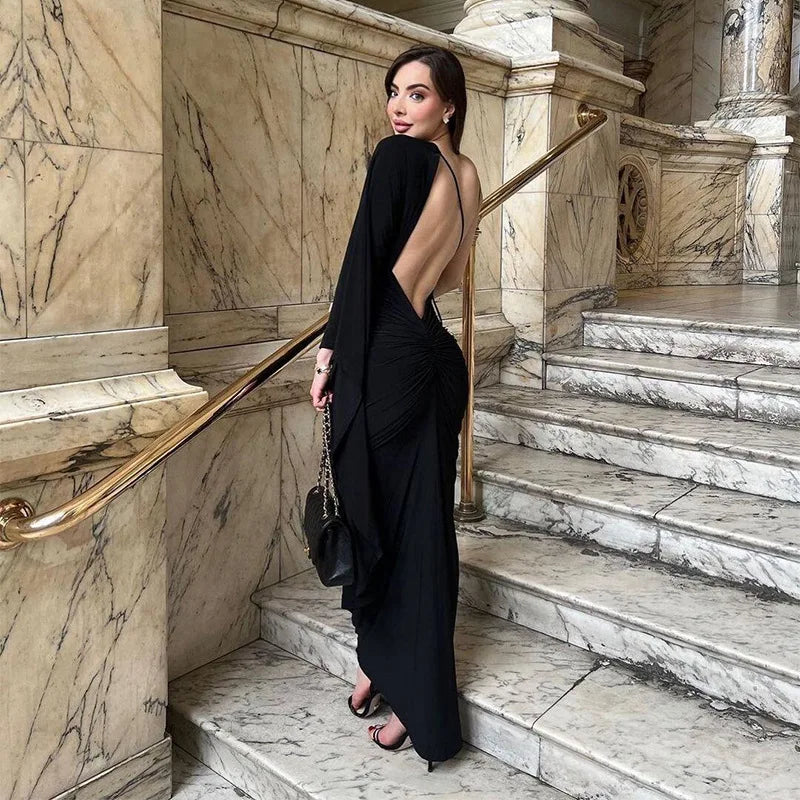 Robe longue dos nu à une manche et décolleté plongeant pour femmes