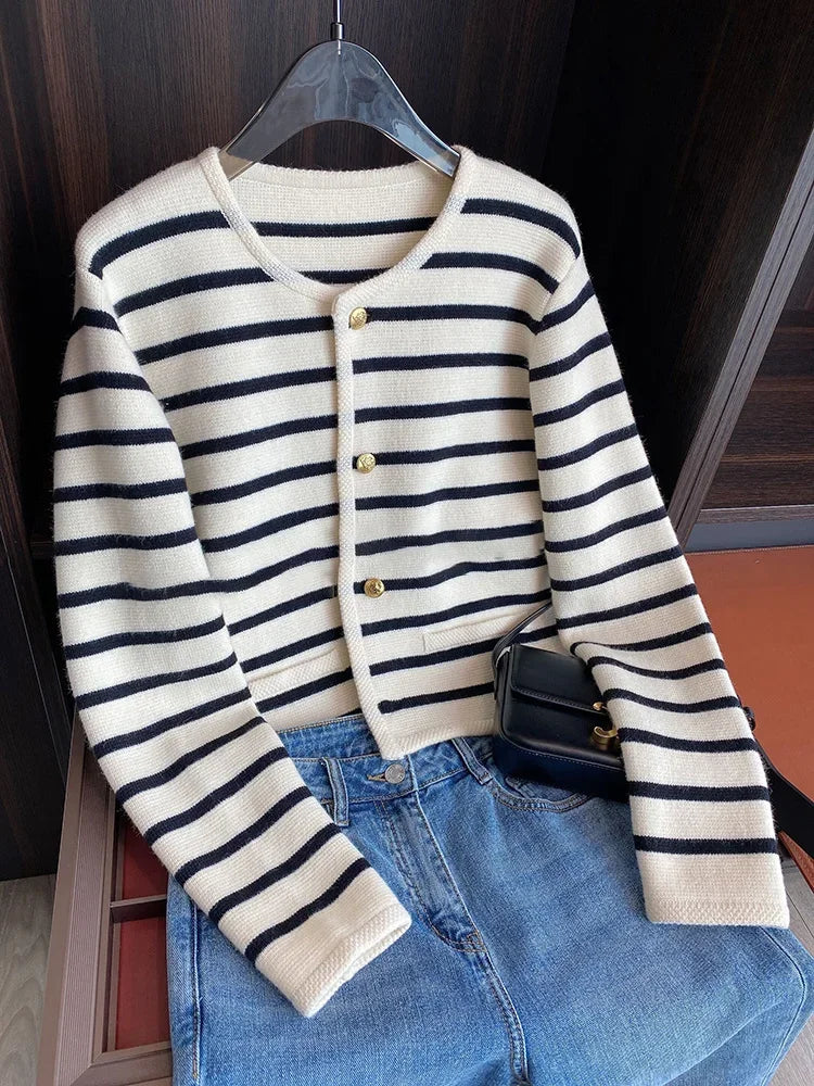 Cardigan en tricot rayé contrastant pour femmes