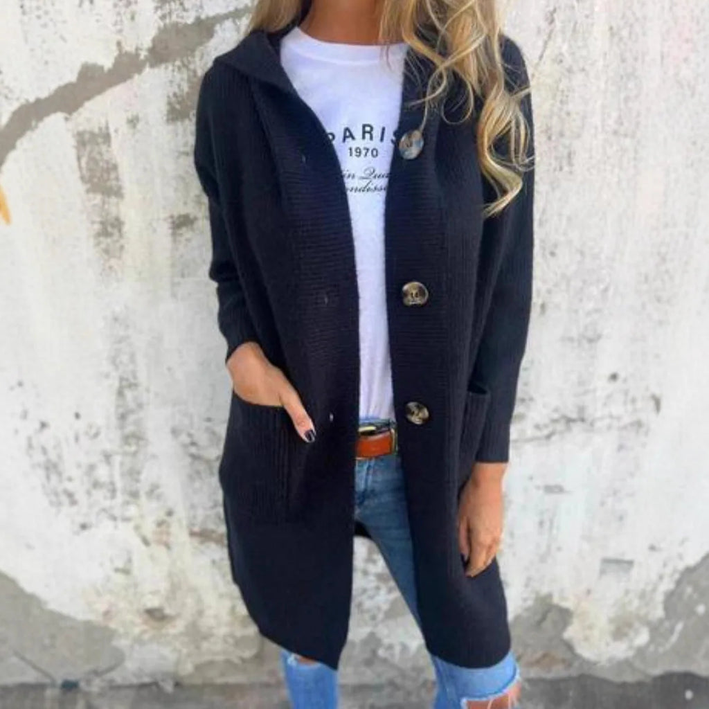 Cardigan long à poches et boutons pour femmes