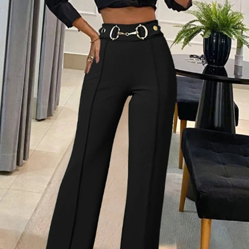 Pantalon taille haute  couleur unie, avec embellissements et boucles métalliques pour femmes
