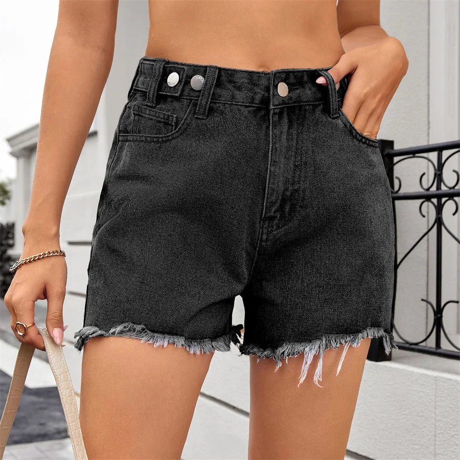 Short en jean décontracté délavé à ourlet frangé pour femmes