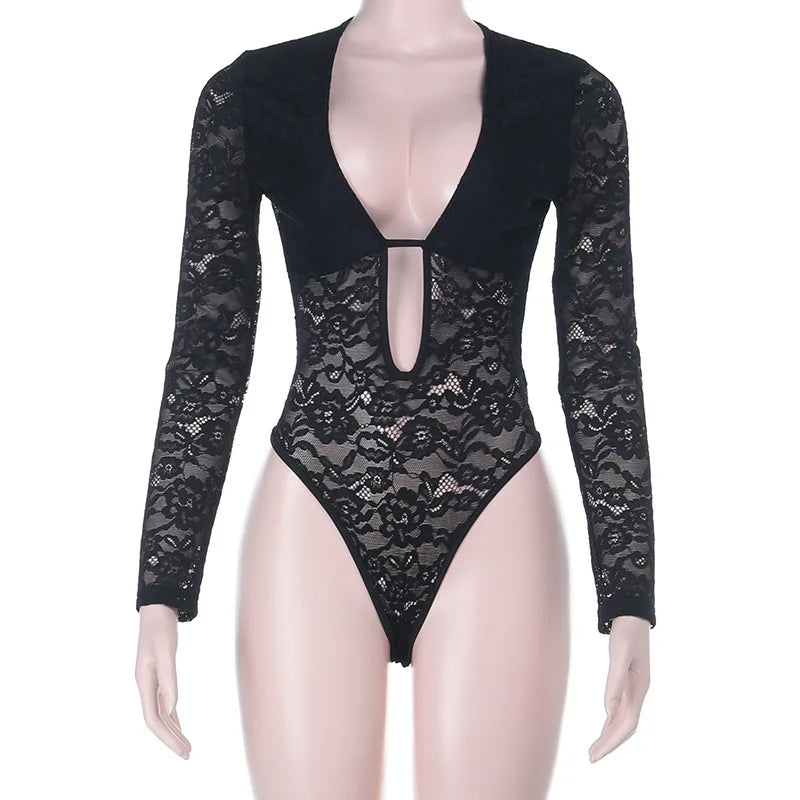 Body noir moulant à manches longues pour femmes