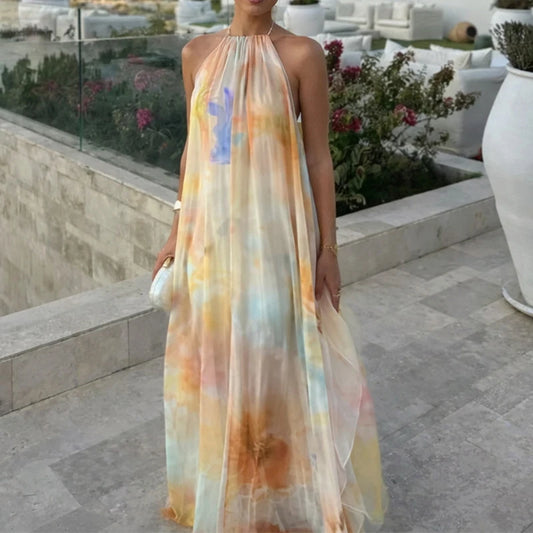 Robe longue tie-dye en maille froncée pour femme