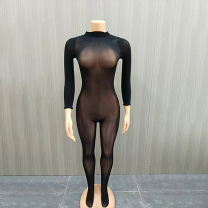 Combinaison en maille transparente à manches longues pour femme