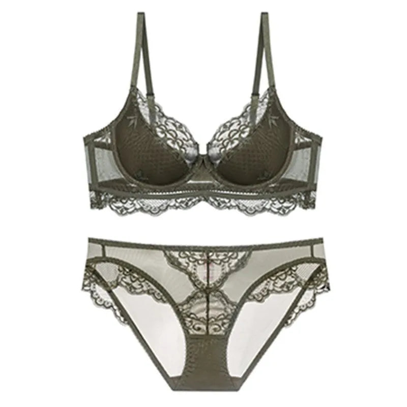 Ensemble soutien-gorge et slip push-up doublés en dentelle fine pour femmes