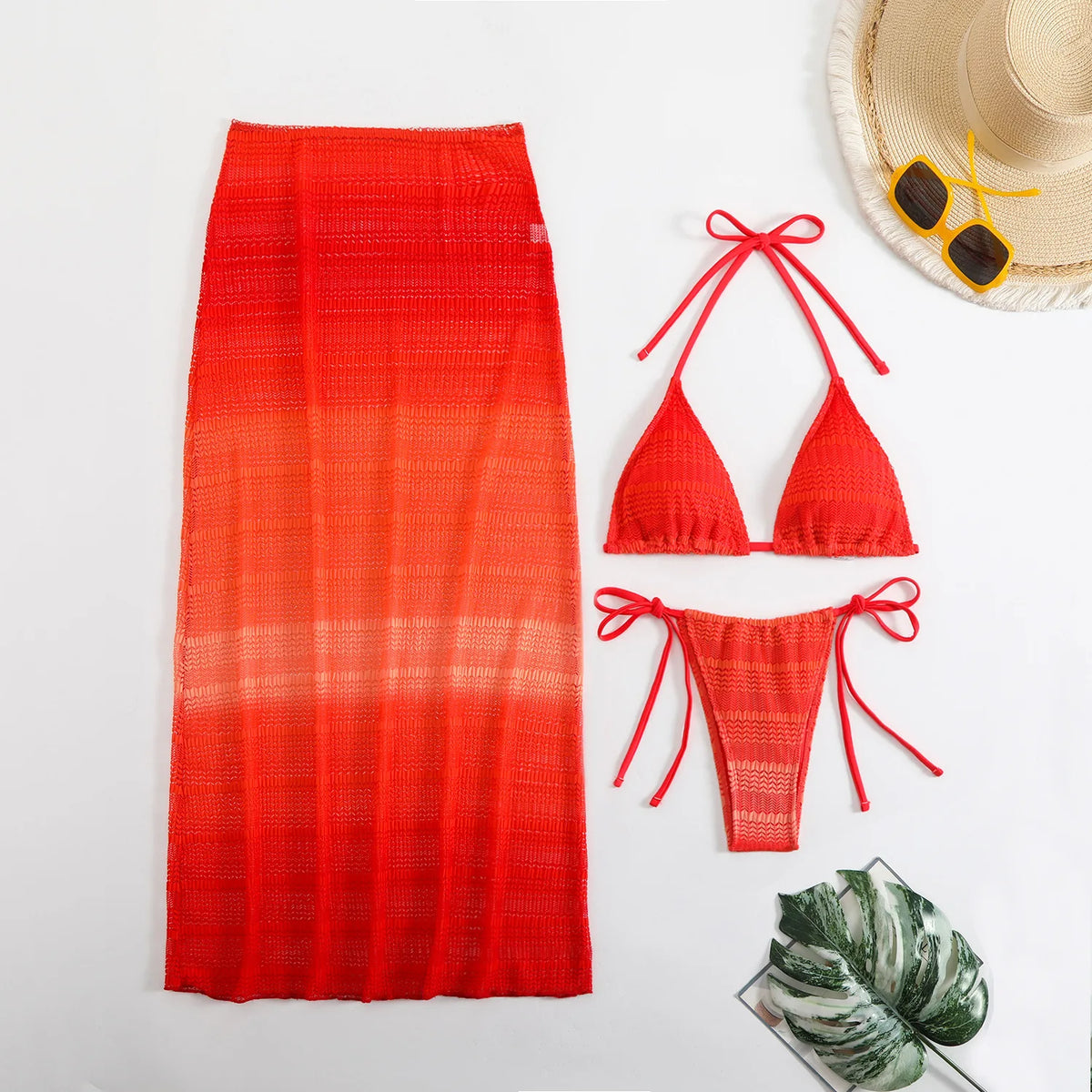 Ensemble maillot de bain trois pièces avec robe de plage en maille pour femmes