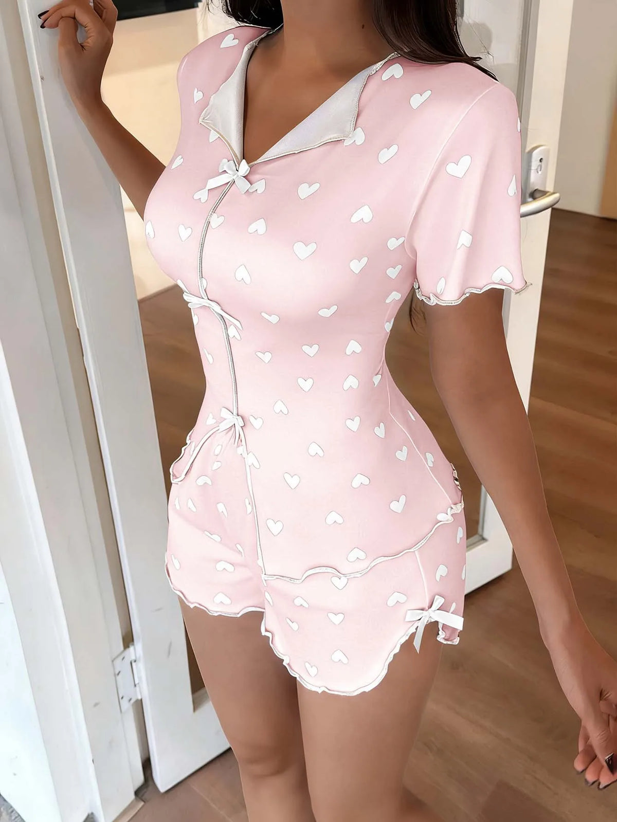 Pyjama d’Été Femme – Chemise et Short à Cœurs