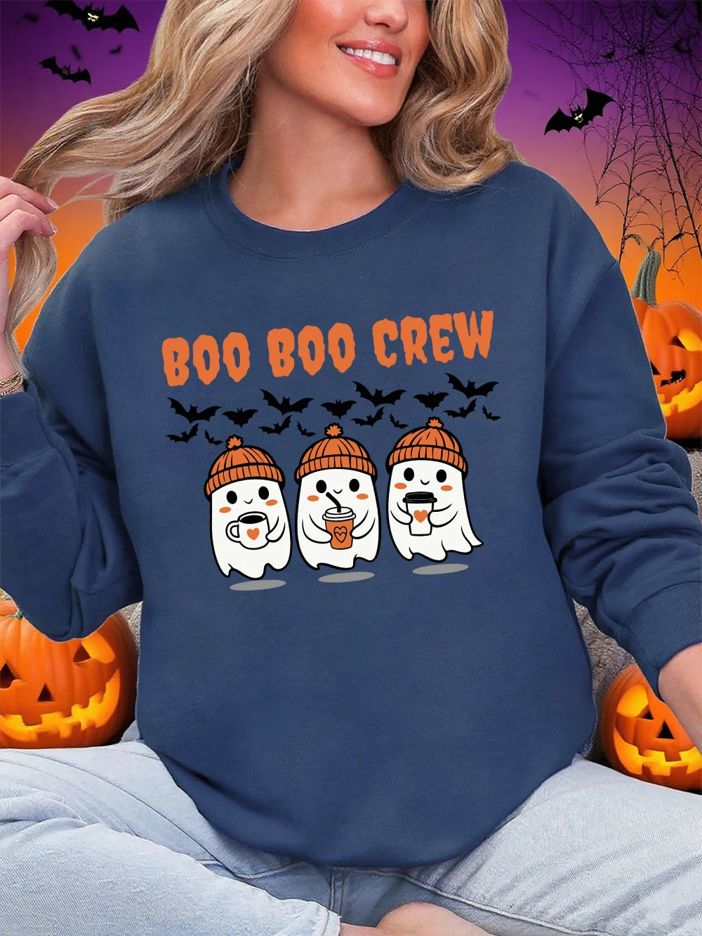 Sweat-shirt d'Halloween Boo Boo Crew à imprimé fantôme pour femmes