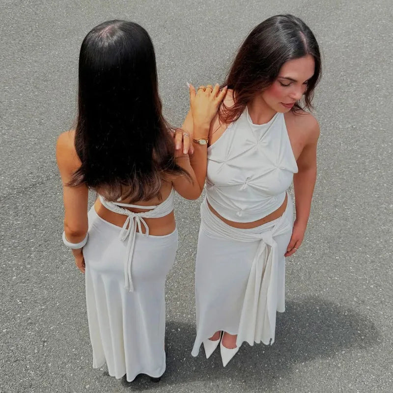 Ensemble deux pièces jupe longue, collier, débardeur dos nu pour femmes