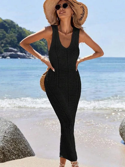 Robe Longue de Plage Femme – Col V et Maille Ajourée