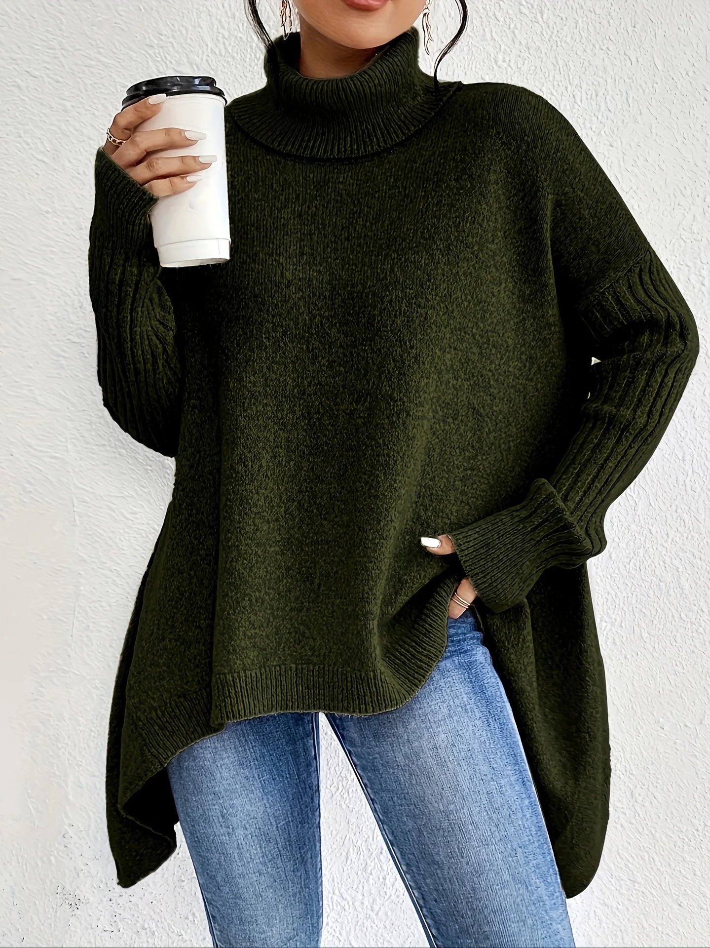 Pull en maille ample à col roulé bleu marine pour femmes