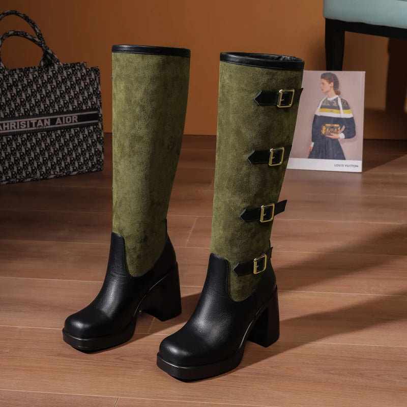 Bottes mi-mollet en PU givré avec boucle de ceinture à cinq rangées et talon ultra-haut pour femmes