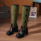 Bottes mi-mollet en PU givré avec boucle de ceinture à cinq rangées et talon ultra-haut pour femmes