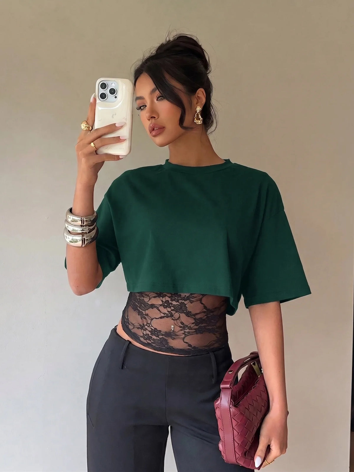T-shirt Col Montant Femme – Effet Deux Pièces et Dentelle