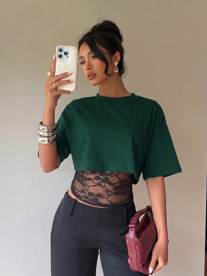 T-shirt Col Montant Femme – Effet Deux Pièces et Dentelle