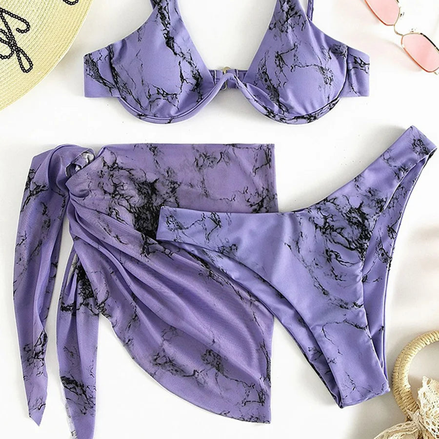 Maillot de bain trois pièces Push Up imprimé marbre, col en v, à armatures, pour femmes