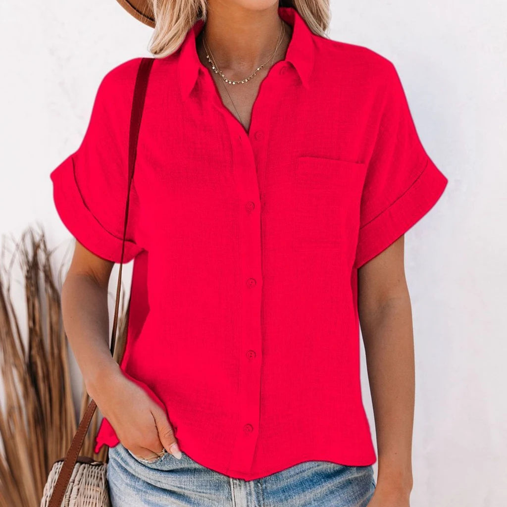 Chemise en coton et lin et manches courtes pour femmes