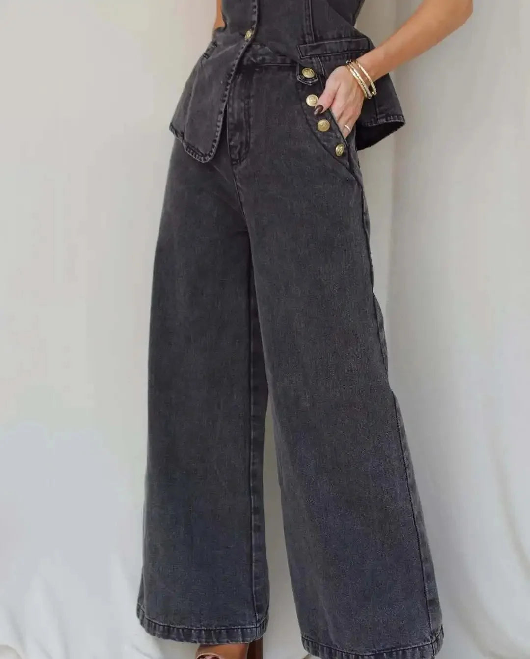 Ensemble gilet et pantalon en jean taille haute amincissant pour femmes
