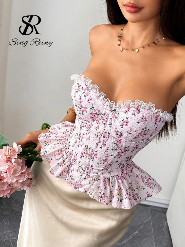 Débardeurs corset sans bretelles en dentelle imprimée pour femmes