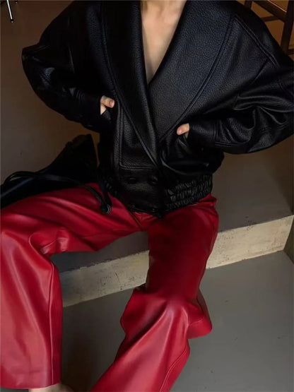 Veste Femme Noire Ample en Similicuir à Col Revers